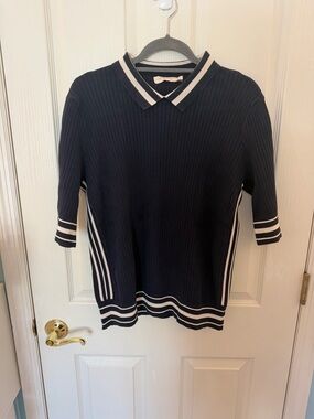 Tory Burch Ribbed Cotton Polo Sweater in Tory Navy/Ivory